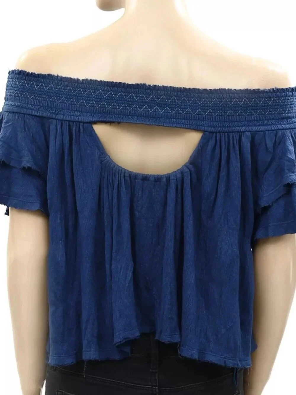 Free People Blue Santorini Off The Shoulder Blouse Top Ruffle Smocked S 290322